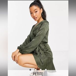 First Distraction the label Petite satin mini wrap dress in olive